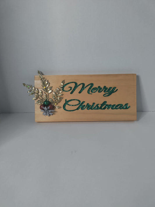 Pecan with Green Glitter Merry Christmas Wooden Sign B.