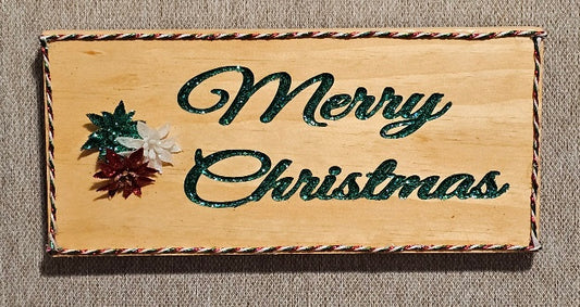 Pecan with Green Glitter Merry Christmas Sign A.