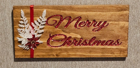 Merry Christmas Sign Walnut Color with Red Glitter Letters C