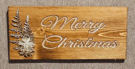 Merry Christmas Sign Walnut Color with Silver Glitter Letters