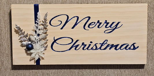 Merry Christmas Sign Whitewash with Blue Glitter Letters A