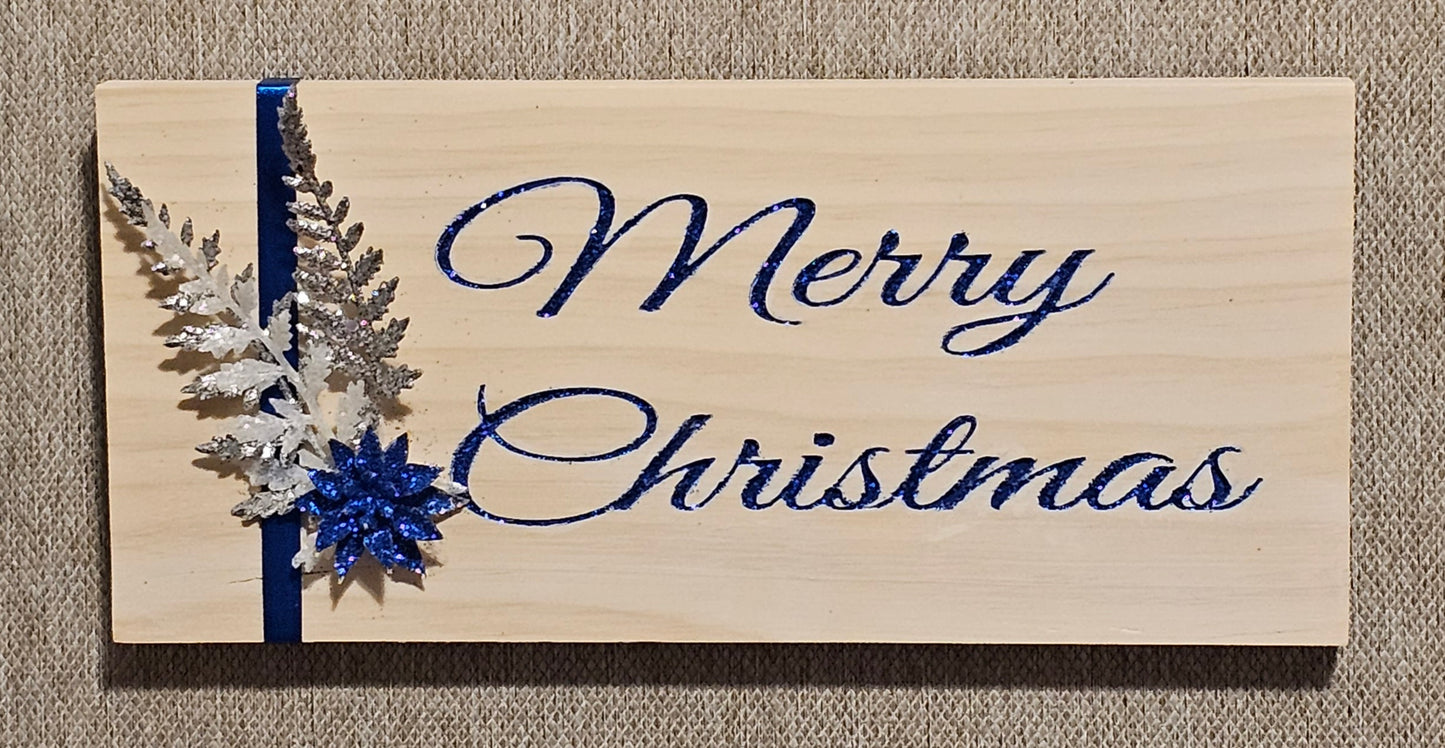 Merry Christmas Sign Whitewash with Blue Glitter Letters C