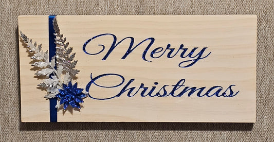 Merry Christmas Sign Whitewash with Blue Glitter Letters C