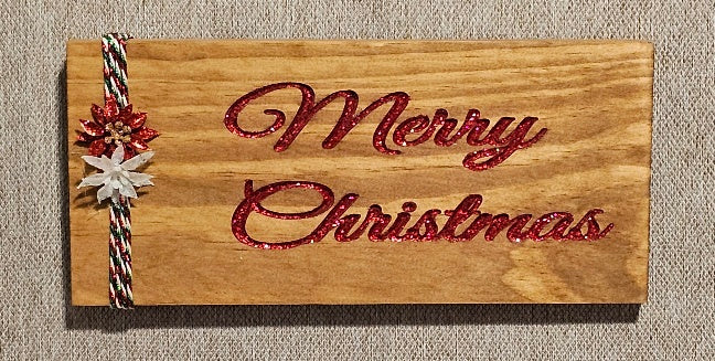 Merry Christmas Sign Walnut Color with Red Glitter Letters A