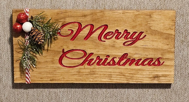 Merry Christmas Sign Walnut Color with Red Letters A