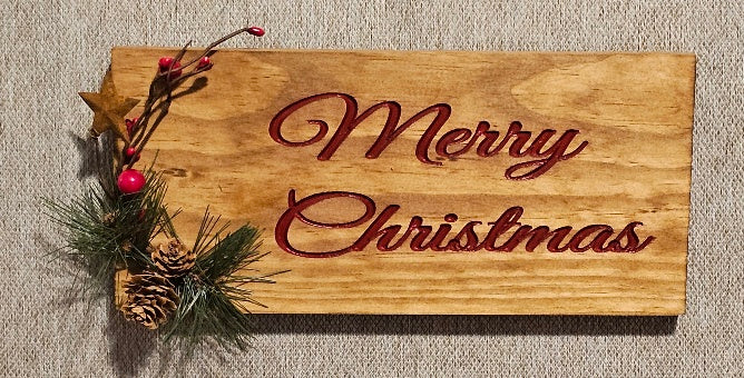 Merry Christmas Sign Walnut Color with Red Letters B