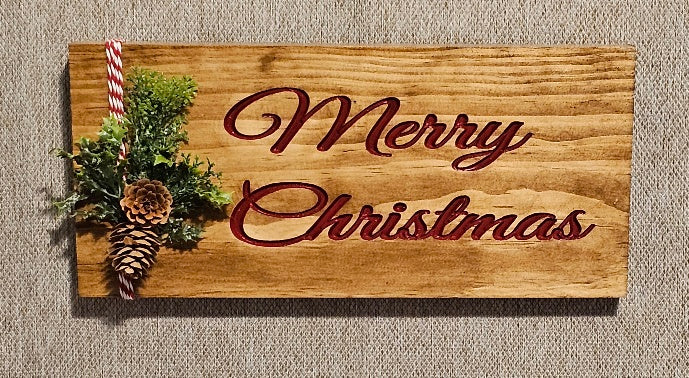 Merry Christmas Sign Walnut Color with Red Letters C